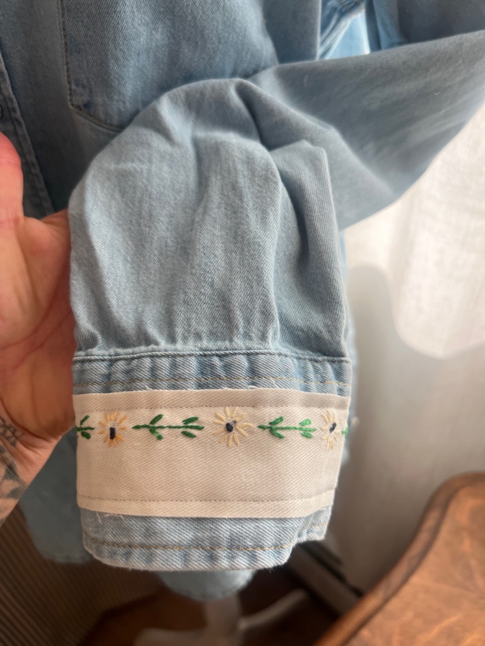 Levi denim button down shirt Upcycled antique embroidery cross stitch detail MED - Picture 3 of 8